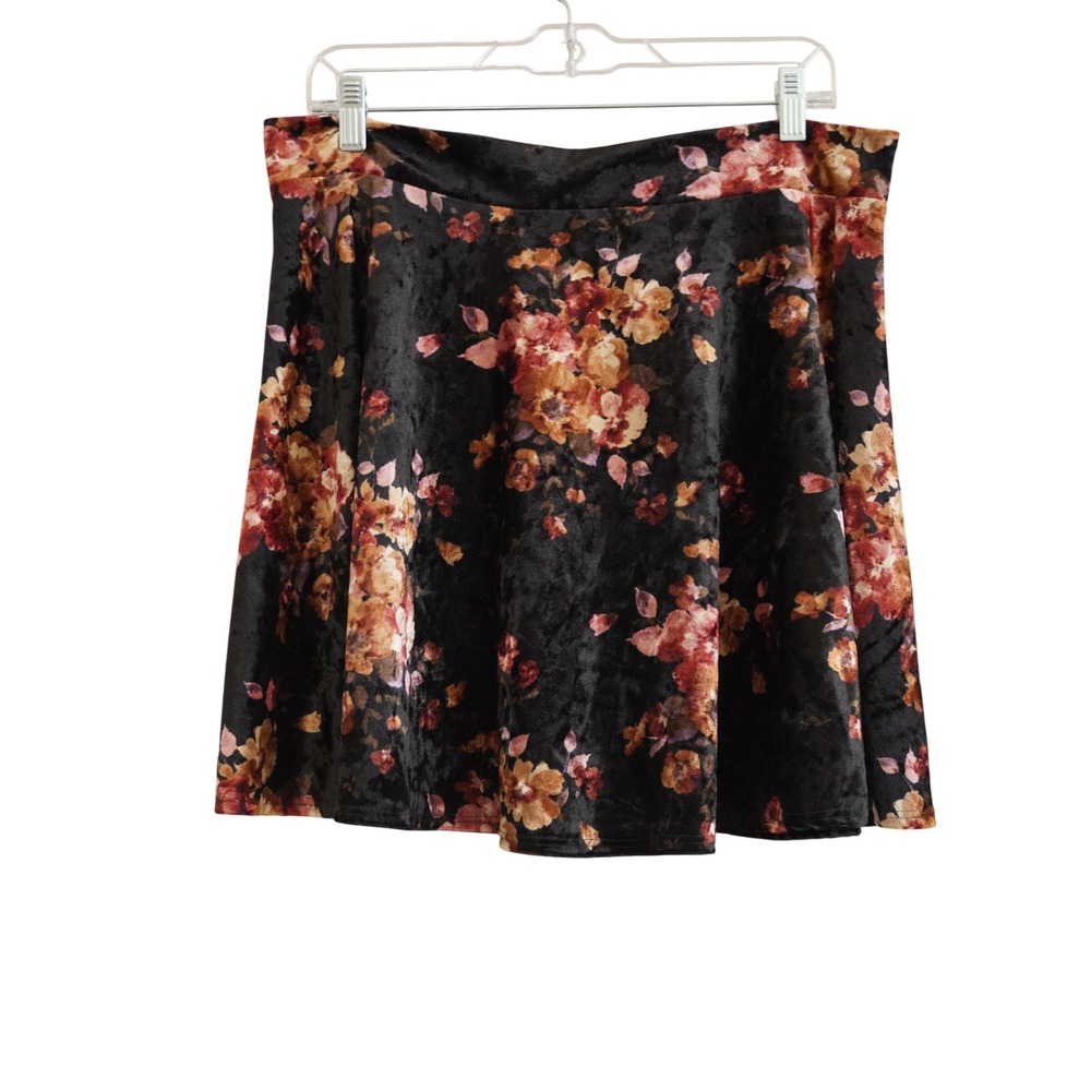 90s Grunge Say Anything Floral Crushed Velvet Skater Mini Skirt XL Black Orange